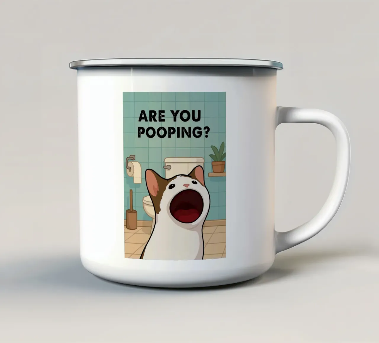 Are You Pooping_ Poster divertente per gatti tazza in smalto da JoyWalkerShop
