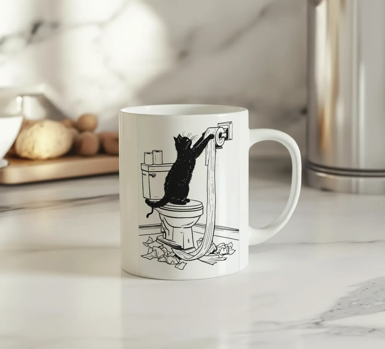 Mischievous Cat with Toilet Paper ceramic mug by JoyWalkerShop