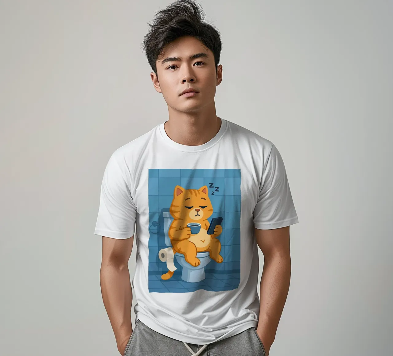 Gatto addormentato sul water con caffè t-shirt da JoyWalkerShop
