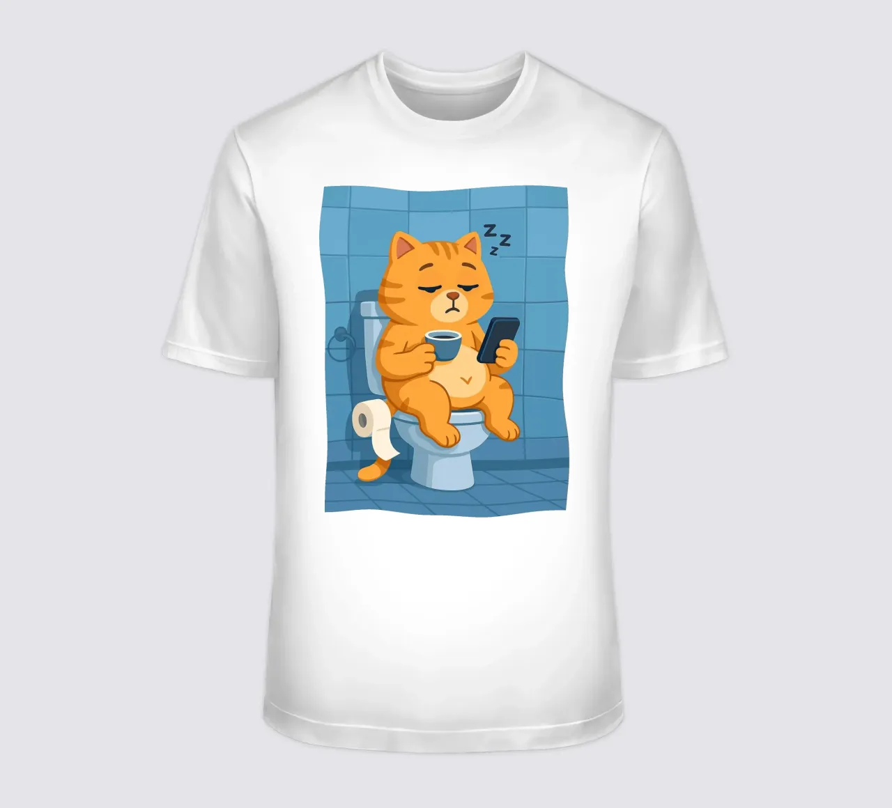 Gatto addormentato sul water con caffè t-shirt da JoyWalkerShop
