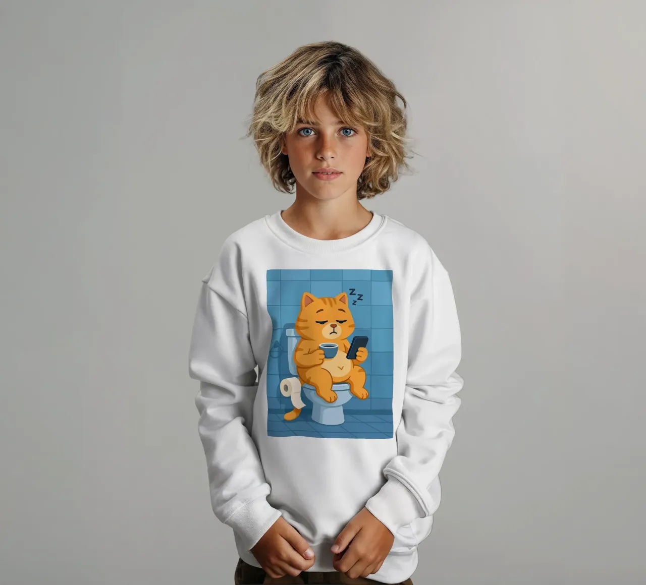 Gatto addormentato sul water con caffè felpa bambino da JoyWalkerShop