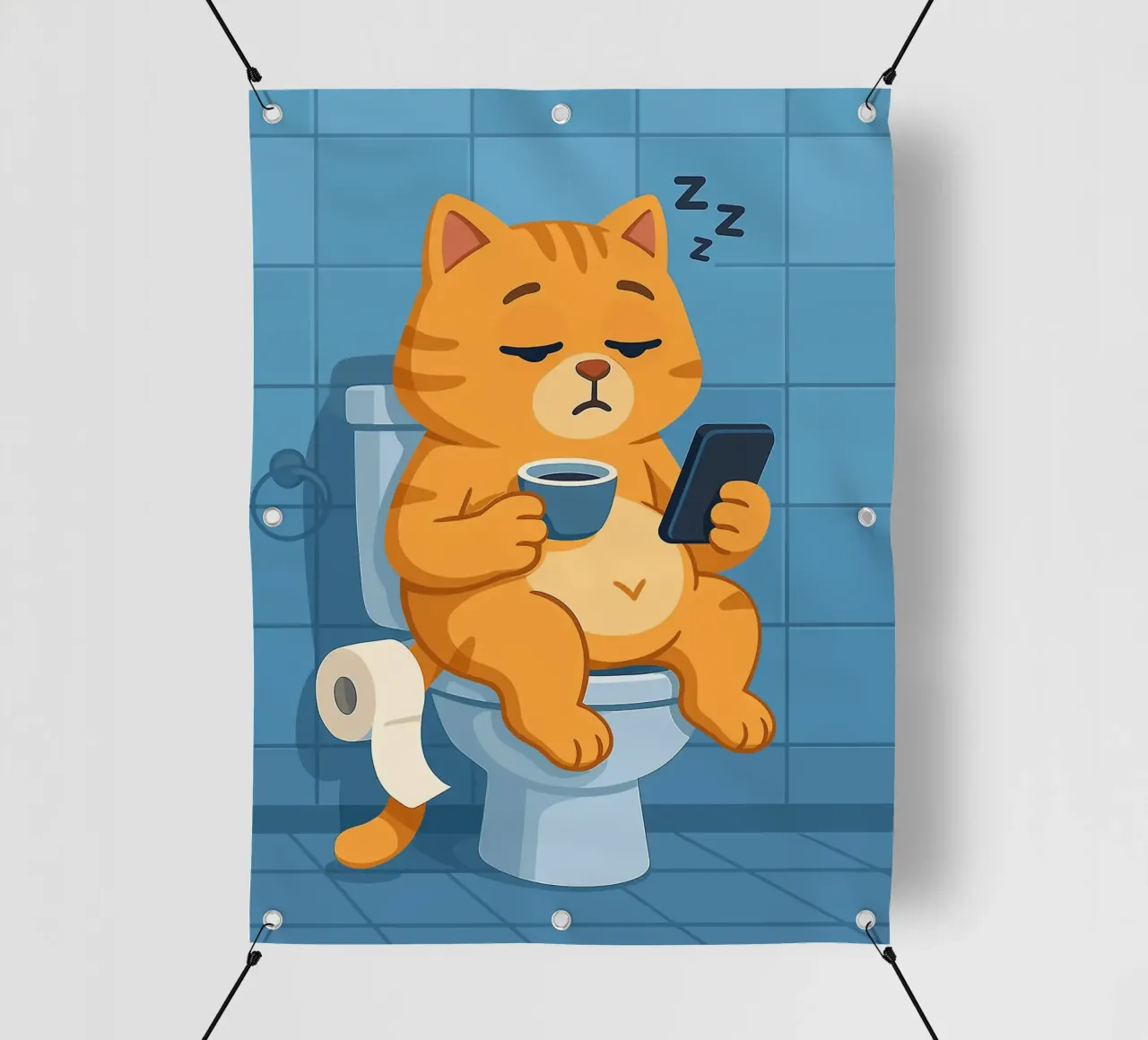 Gatto addormentato sul water con caffè telo in pvc da JoyWalkerShop