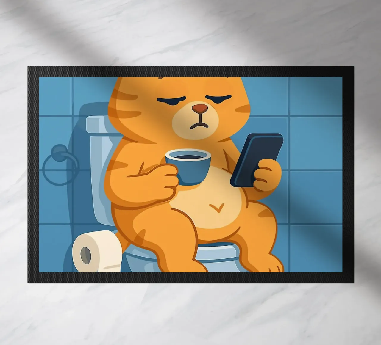 Gatto addormentato sul water con caffè zerbino da JoyWalkerShop