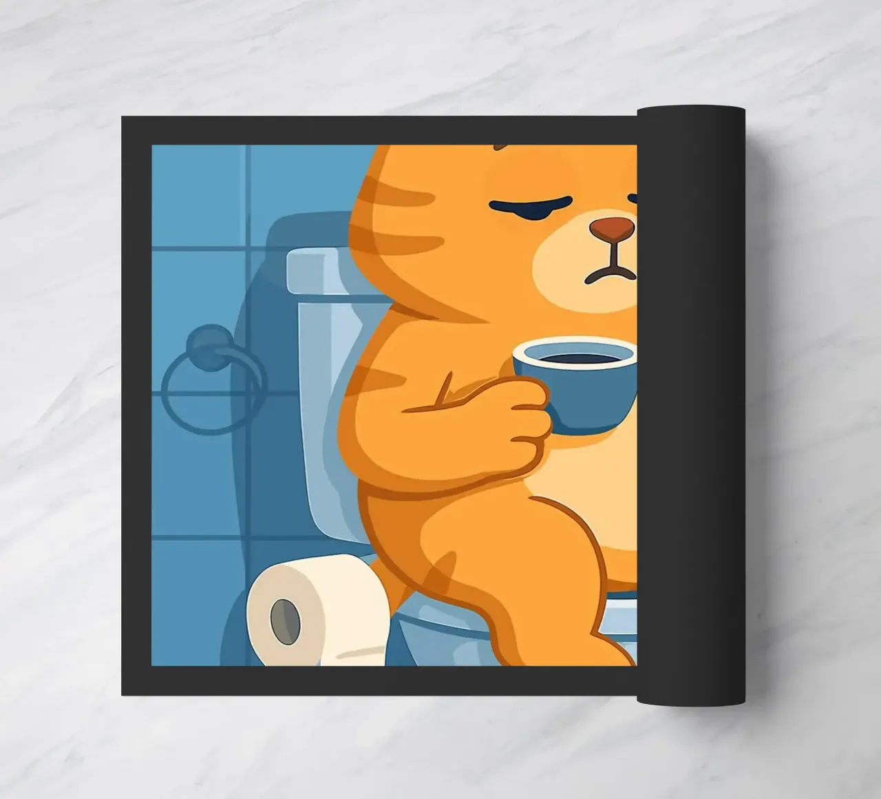 Gatto addormentato sul water con caffè zerbino da JoyWalkerShop