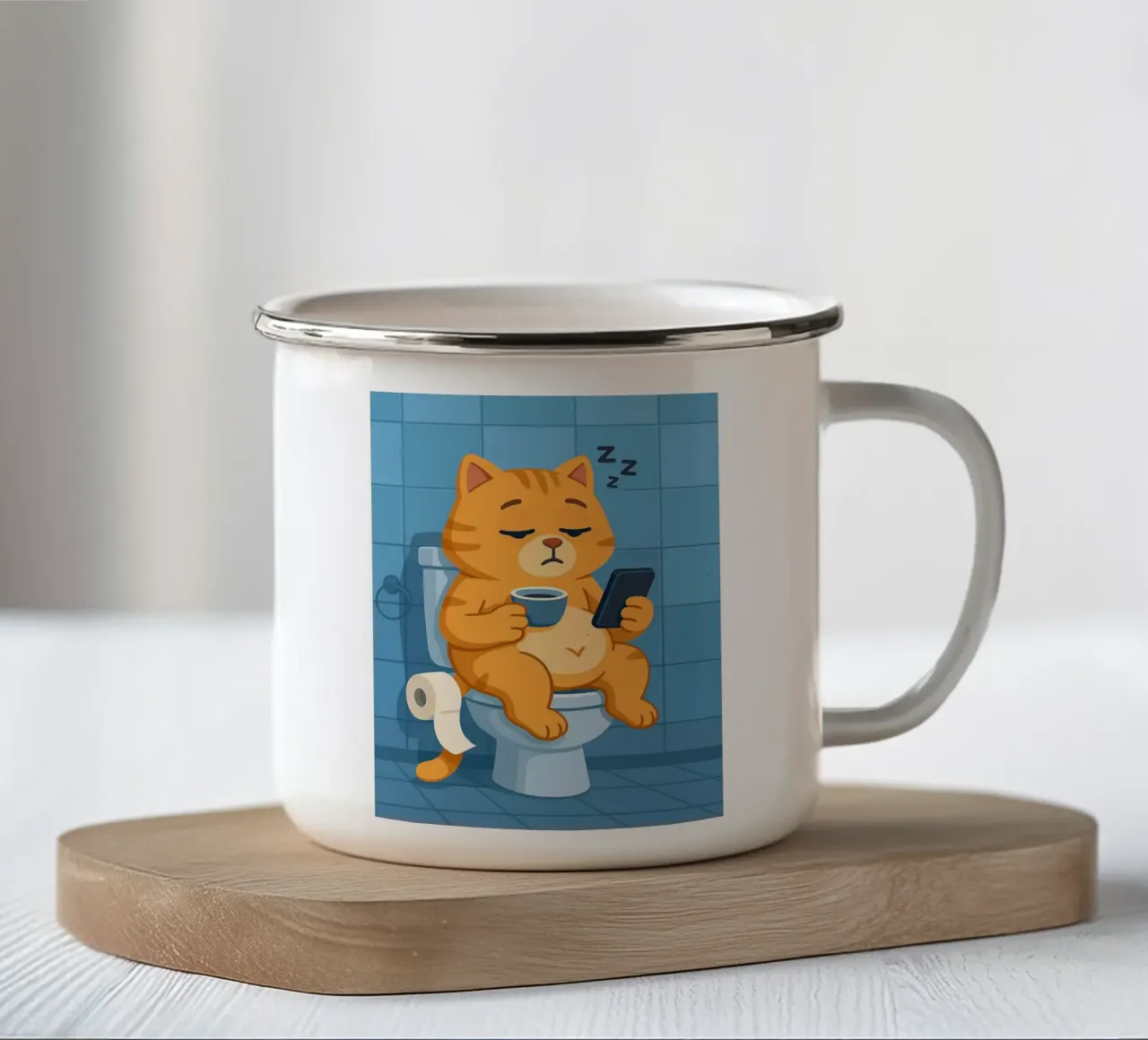 Gatto addormentato sul water con caffè tazza in smalto da JoyWalkerShop