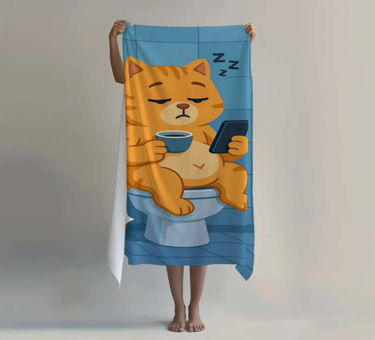 Gatto addormentato sul water con caffè telo mare da JoyWalkerShop