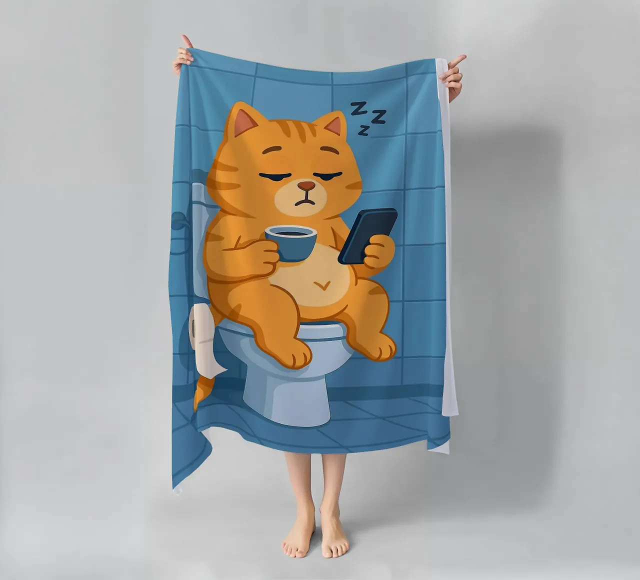 Gatto addormentato sul water con caffè telo mare da JoyWalkerShop