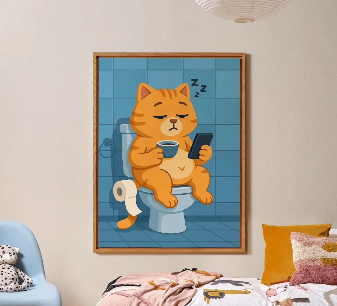 Gatto addormentato sul water con caffè alluminio dibond da JoyWalkerShop