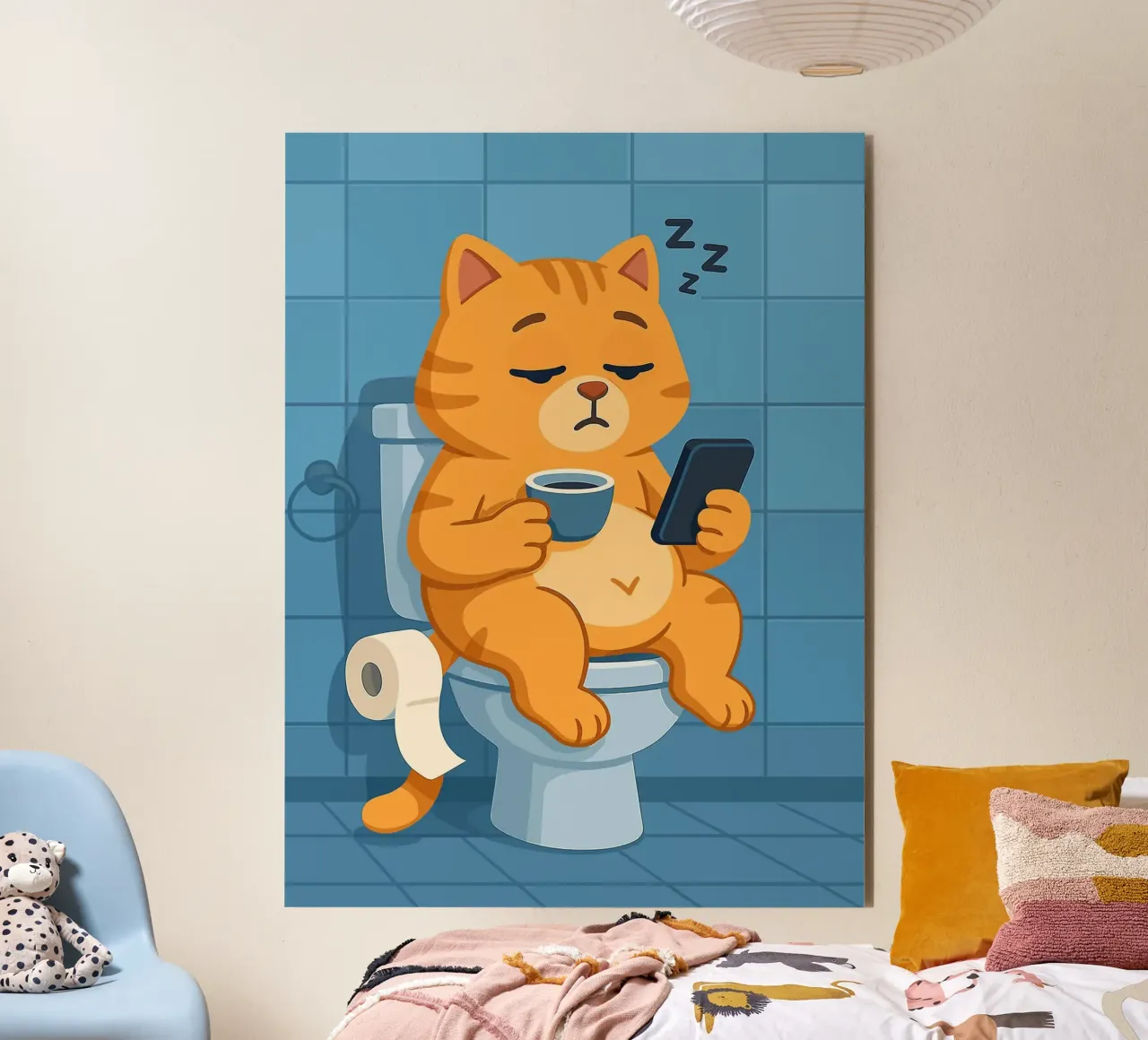 Gatto addormentato sul water con caffè alluminio dibond da JoyWalkerShop
