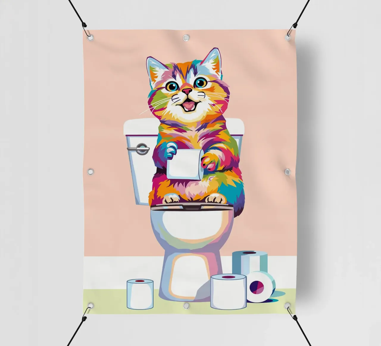 Gatto colorato sul water con carta telo in pvc da JoyWalkerShop
