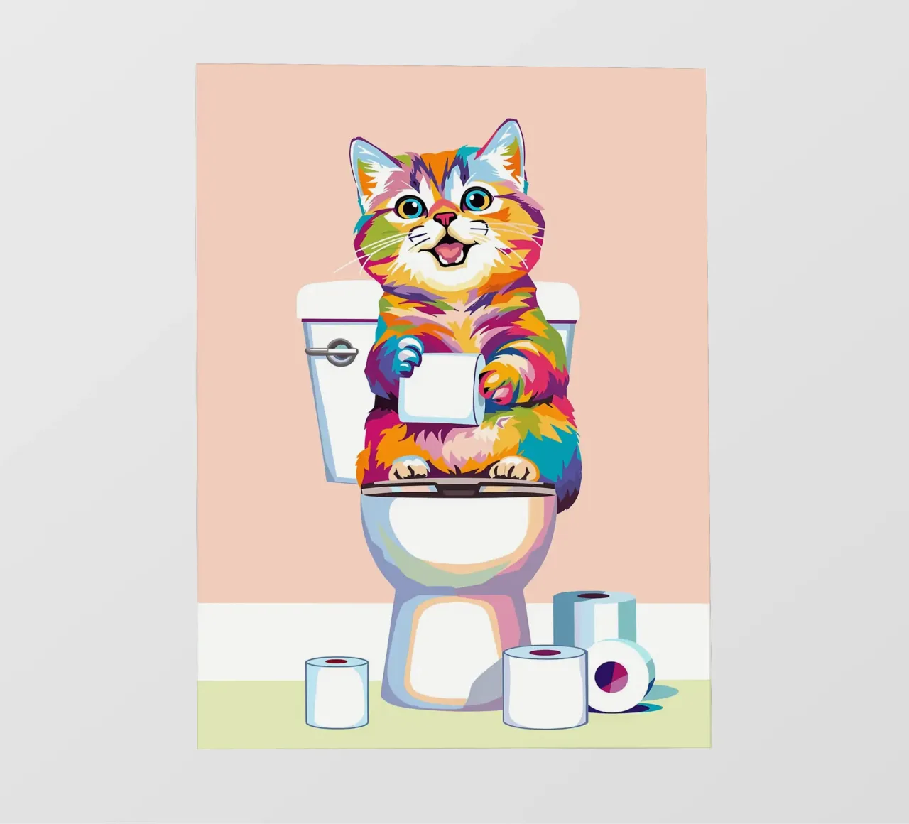 Gatto colorato sul water con carta telo in pvc da JoyWalkerShop