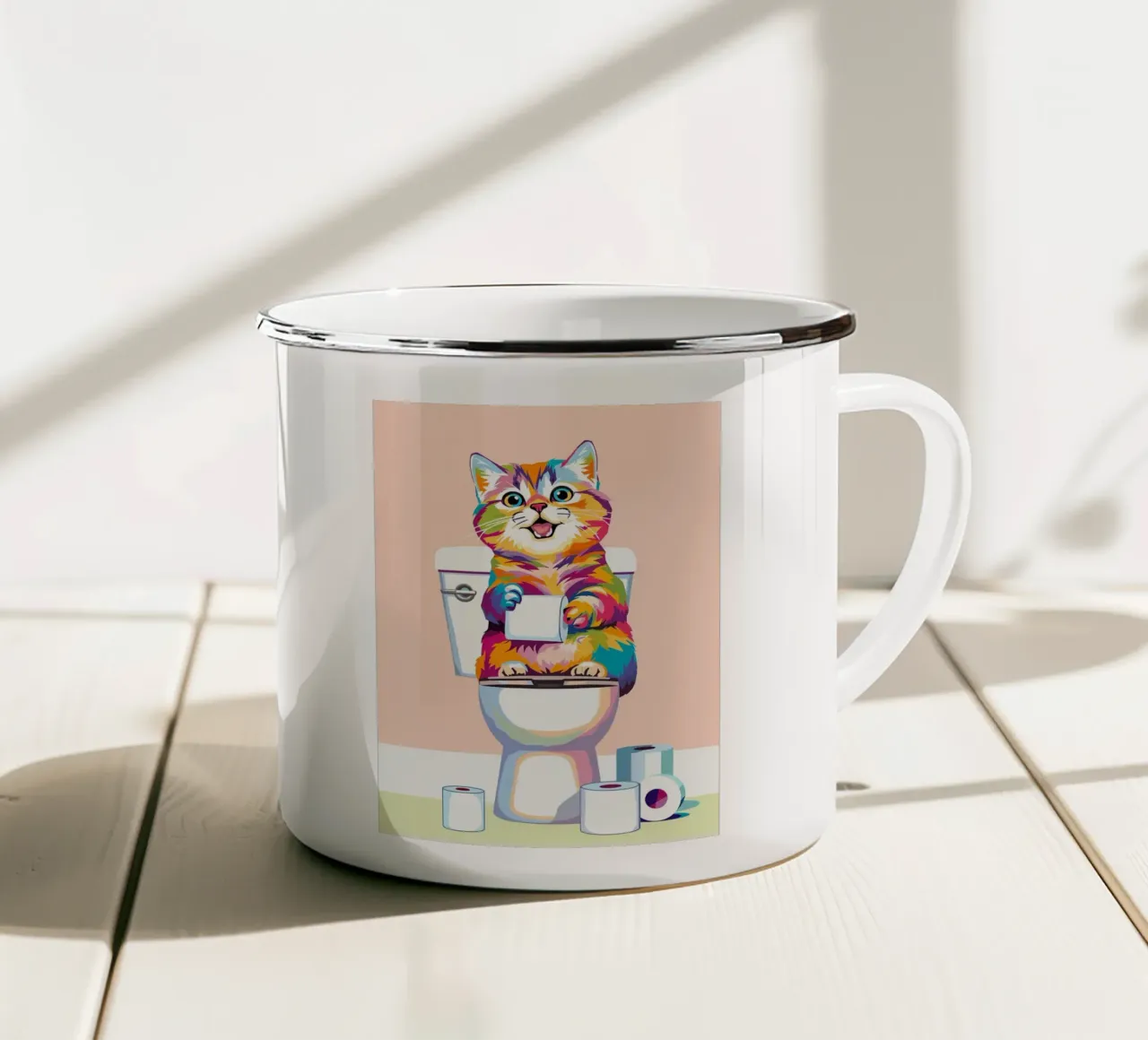 Gatto colorato sul water con carta tazza in smalto da JoyWalkerShop