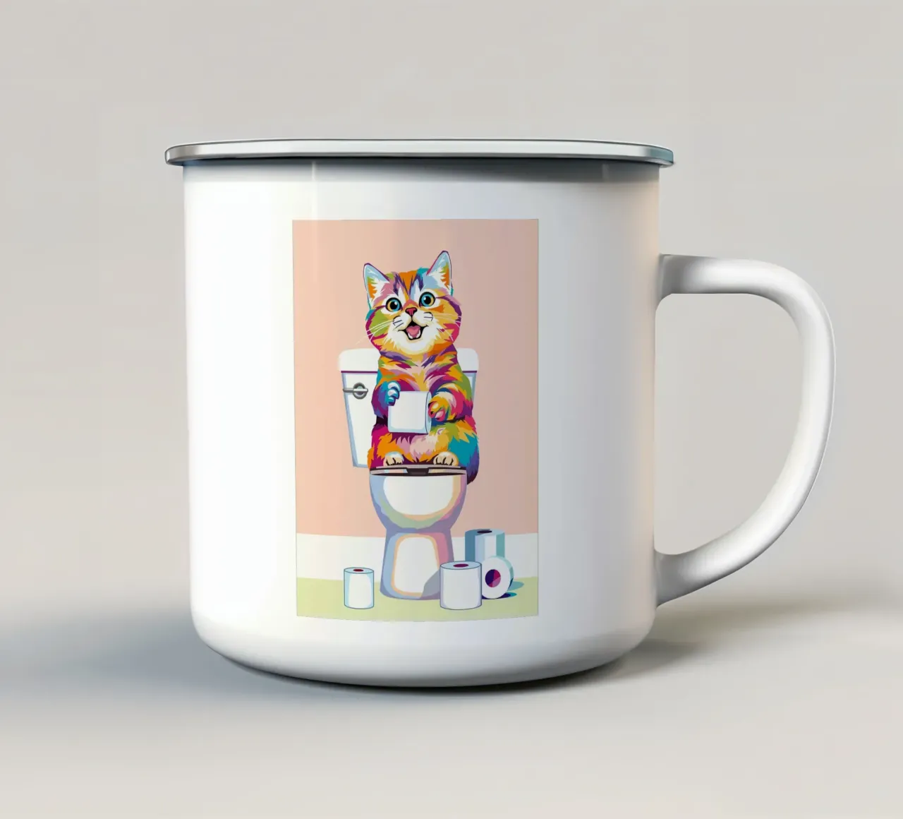 Gatto colorato sul water con carta tazza in smalto da JoyWalkerShop