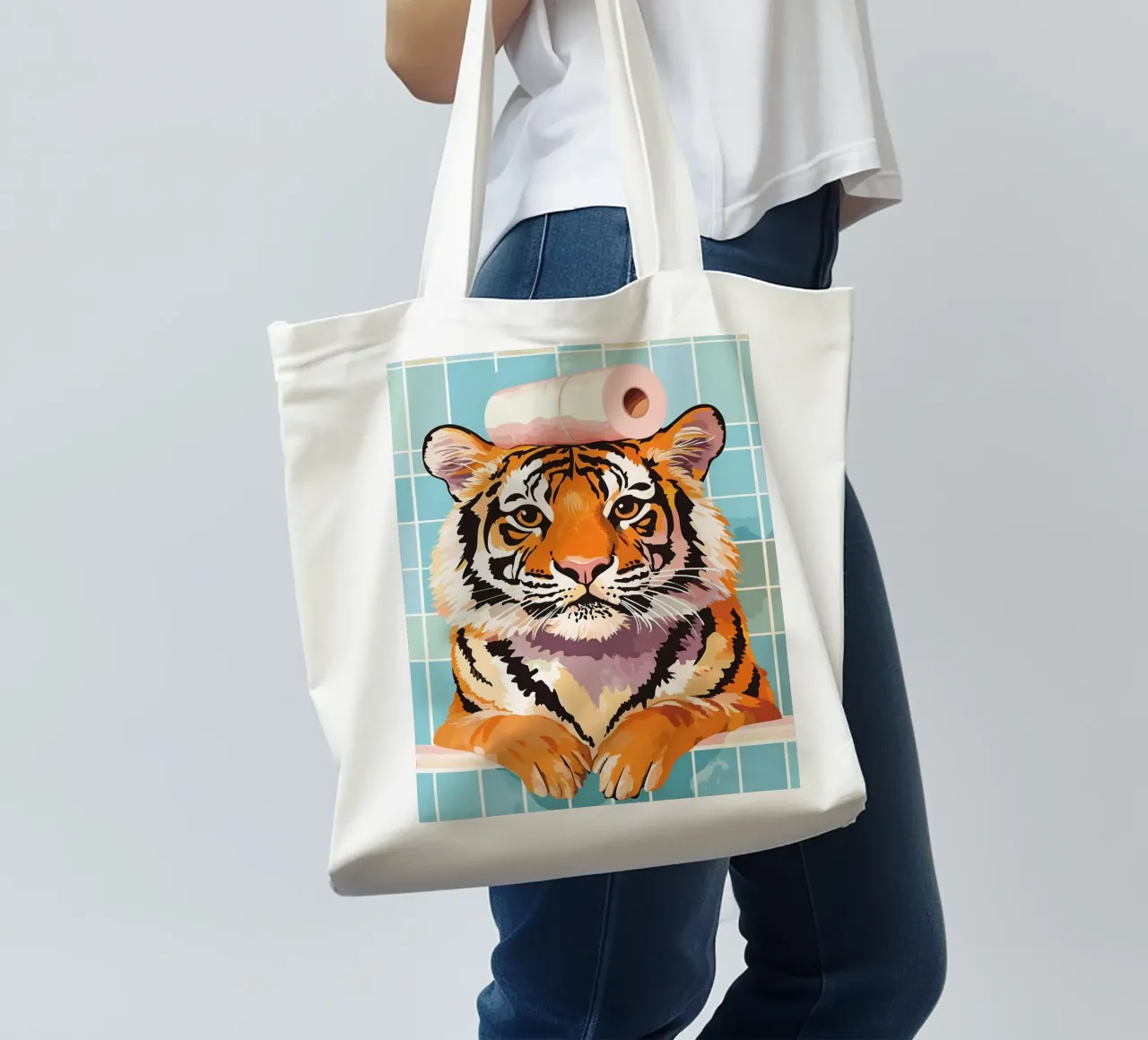 Tigre con carta igienica in testa borsa in juta da JoyWalkerShop