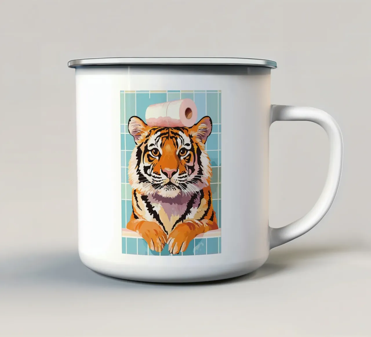 Tigre con carta igienica in testa tazza in smalto da JoyWalkerShop