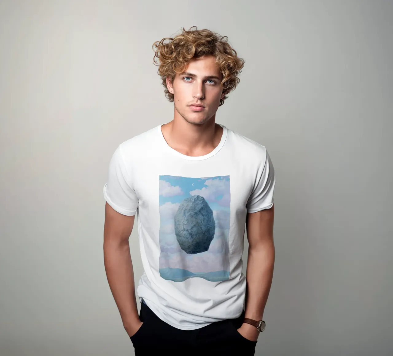 Boulder in the Sky Magritte t-shirt da Classic Art Prints