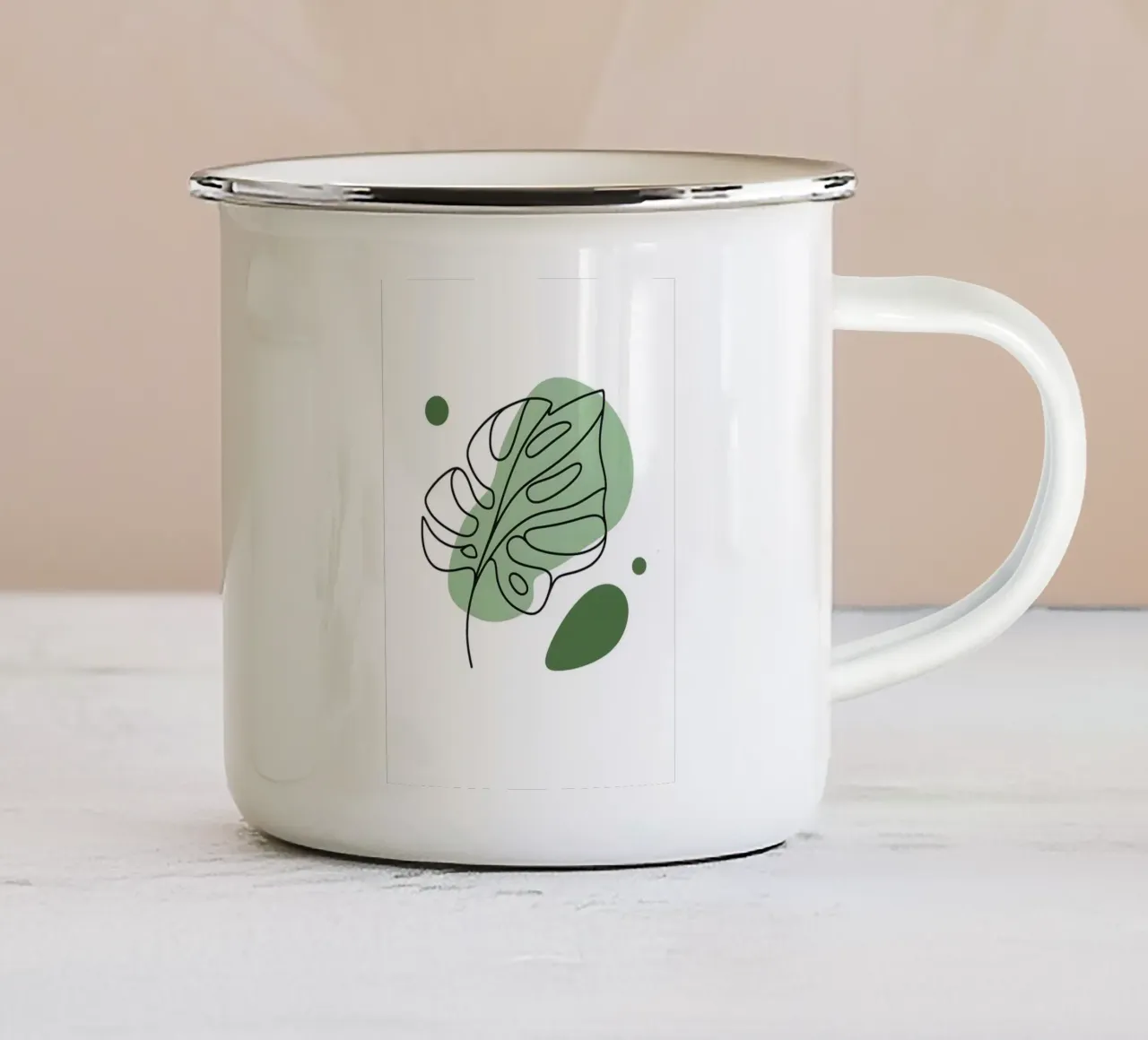 Disegno lineare minimalista di una foglia di Monstera tazza in smalto da Bloom And Brush