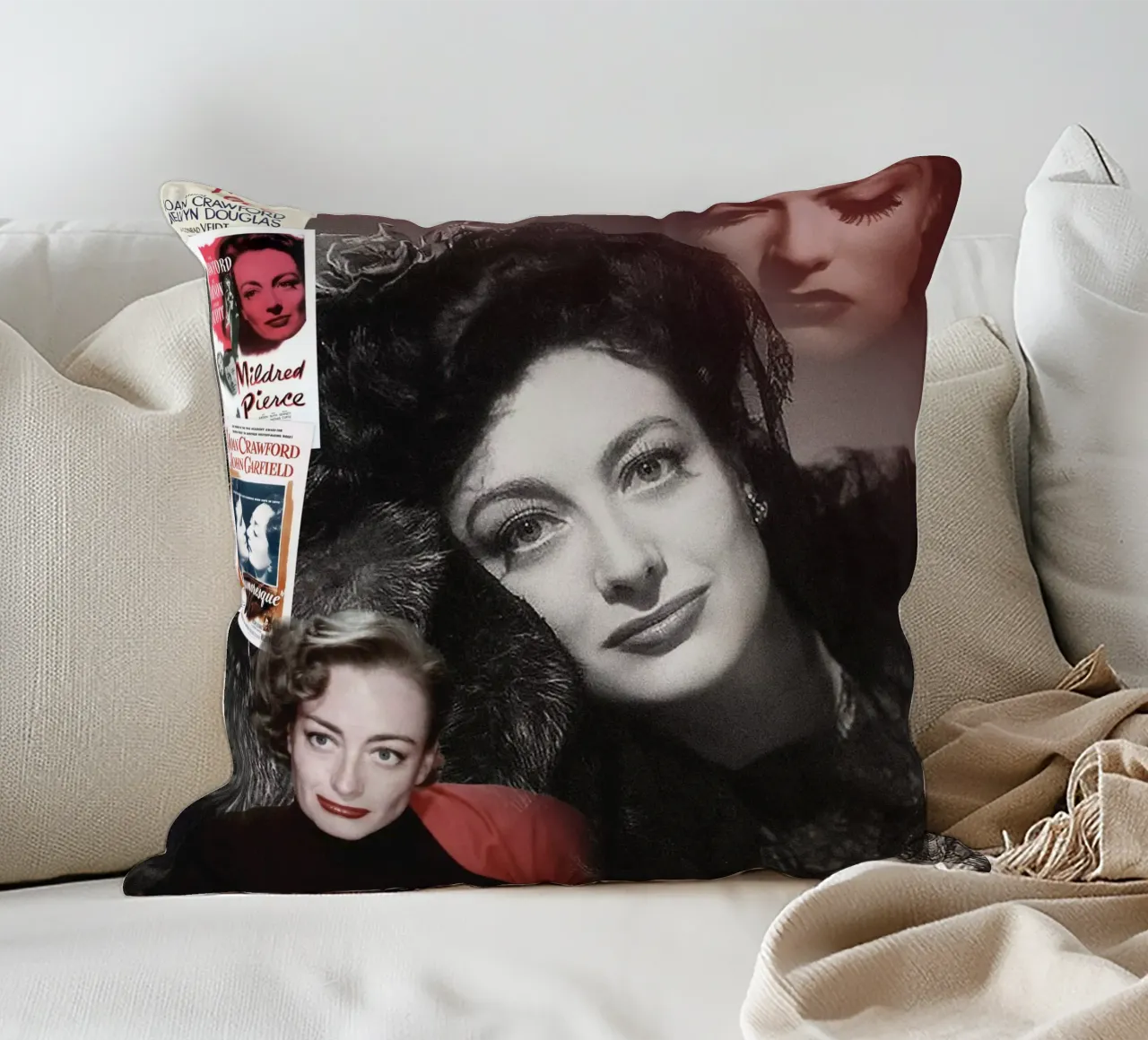 Joan Crawford collage portrait decorative cushion by DesmondBates