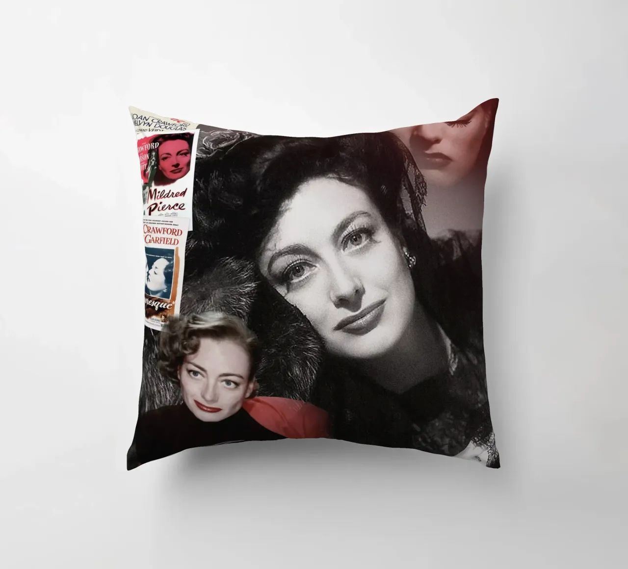 Joan Crawford collage portrait decorative cushion by DesmondBates