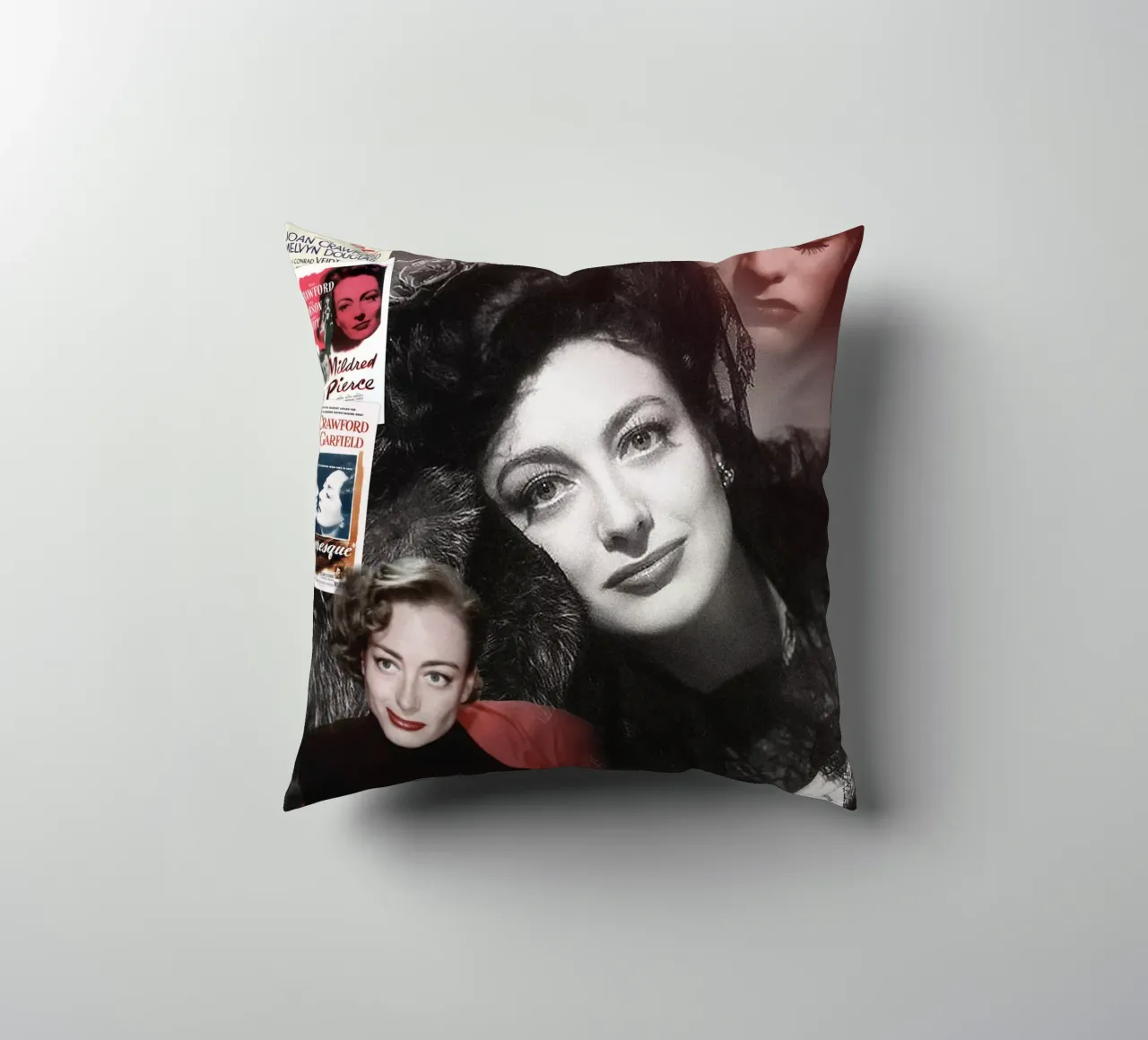 Joan Crawford collage portrait decorative cushion by DesmondBates