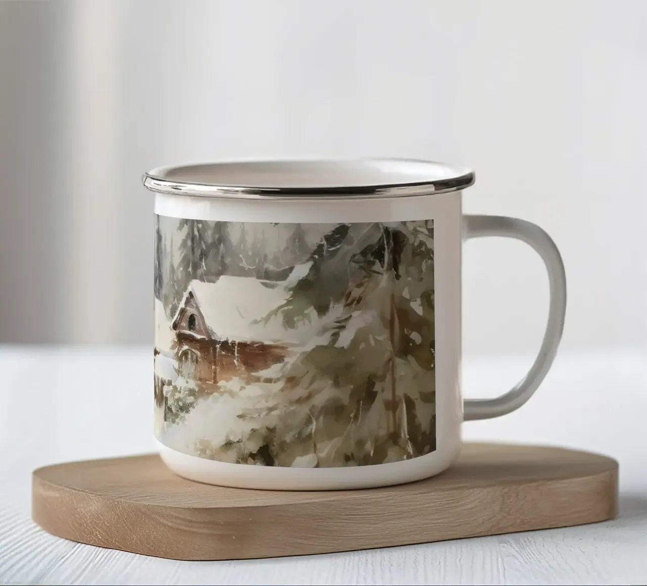Stampa d'arte di uno chalet invernale delle Alpi tazza in smalto da Studio Vibe