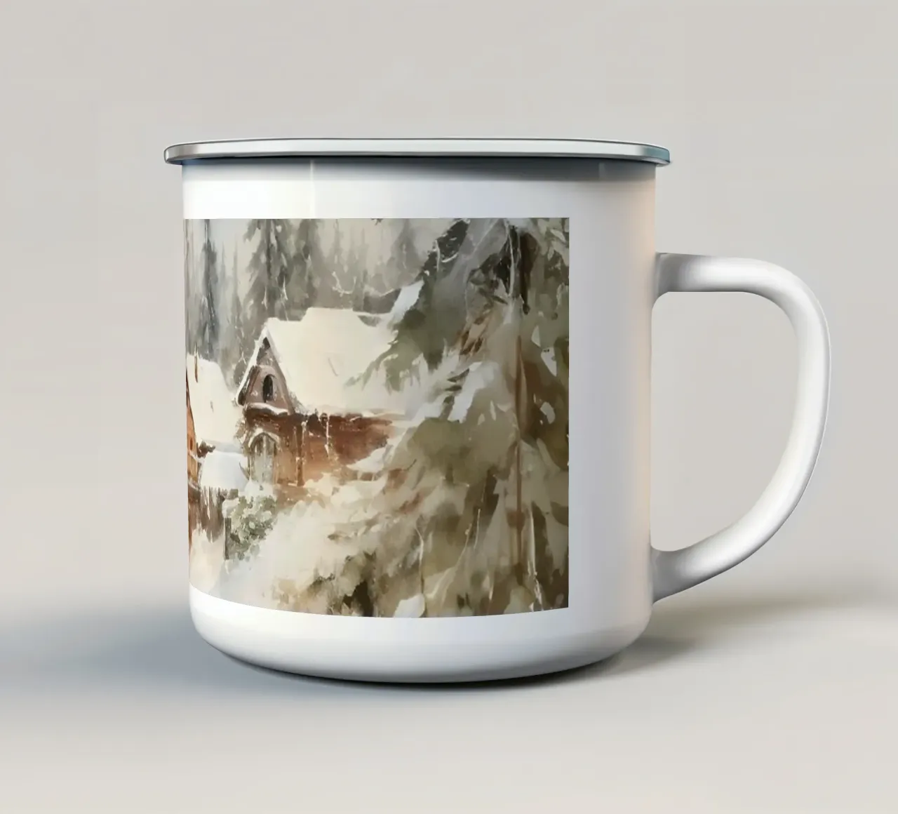 Stampa d'arte di uno chalet invernale delle Alpi tazza in smalto da Studio Vibe