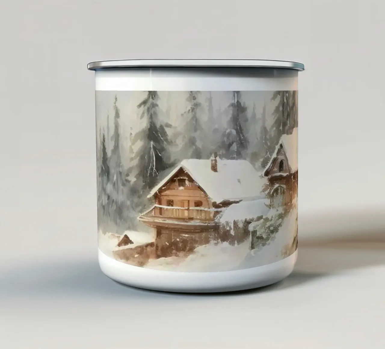 Stampa d'arte di uno chalet invernale delle Alpi tazza in smalto da Studio Vibe