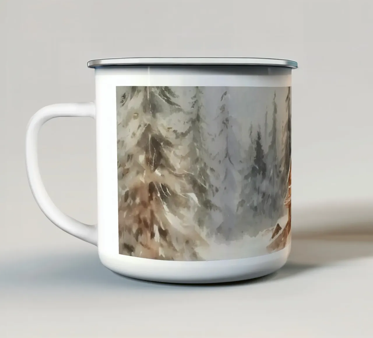 Stampa d'arte di uno chalet invernale delle Alpi tazza in smalto da Studio Vibe