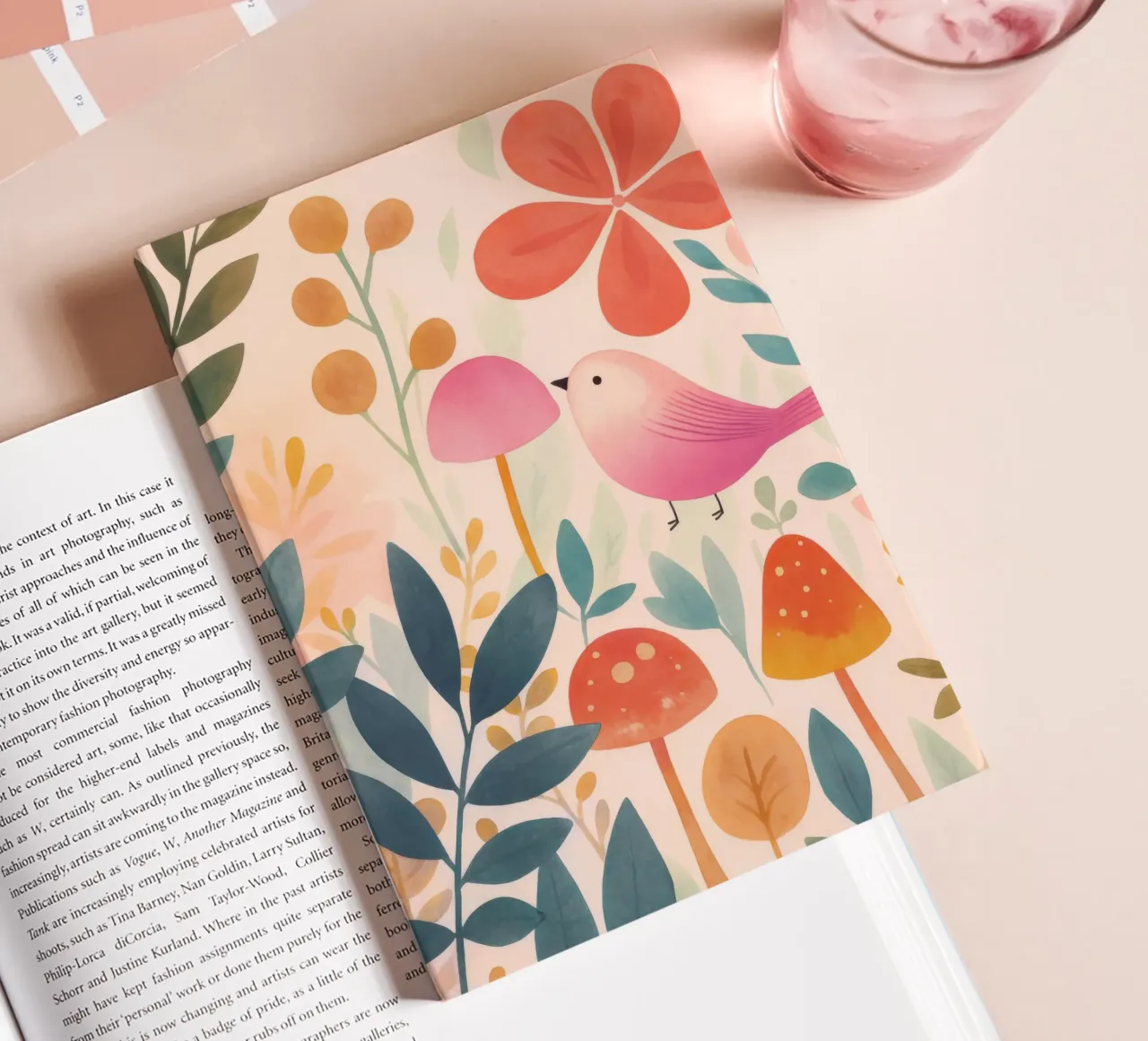 Whimsical Pink Bird in Boho Mushroom Garden Botanical Art notebook by Gentle Echoes Art