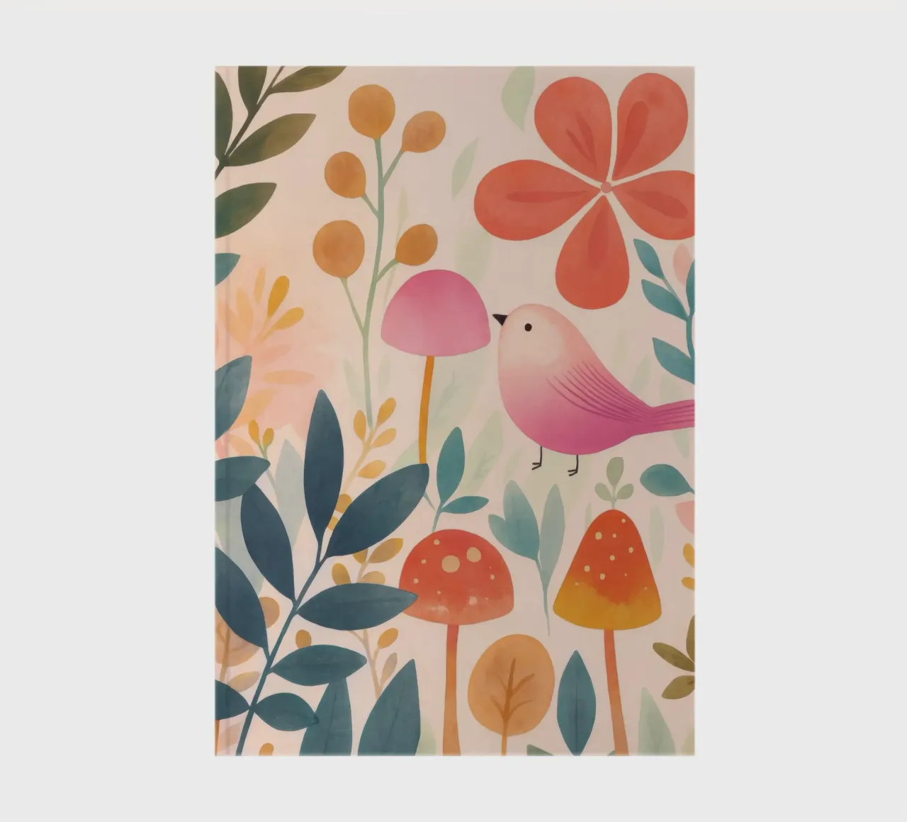 Whimsical Pink Bird in Boho Mushroom Garden Botanical Art notebook by Gentle Echoes Art