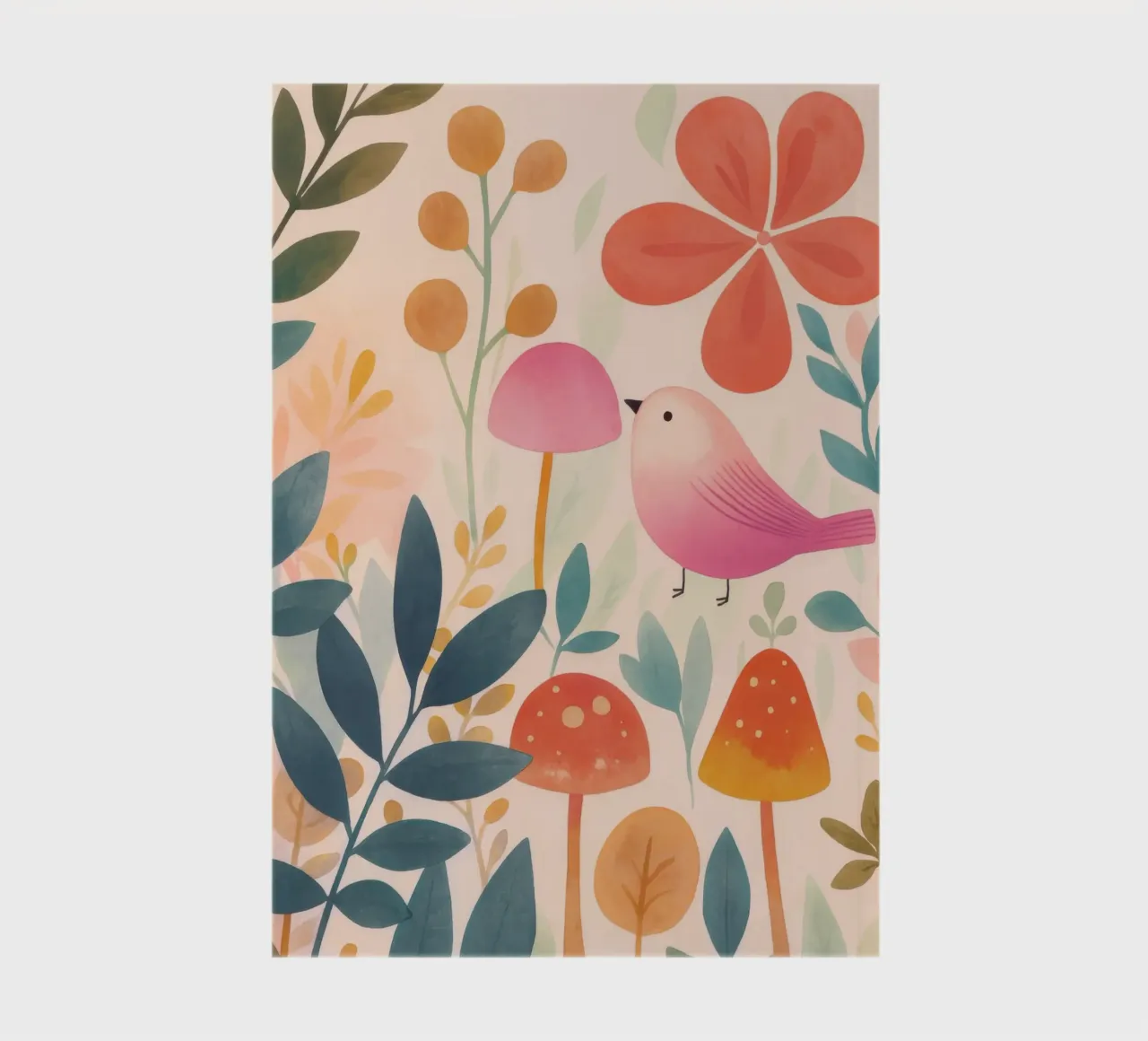 Whimsical Pink Bird in Boho Mushroom Garden Botanical Art notebook by Gentle Echoes Art