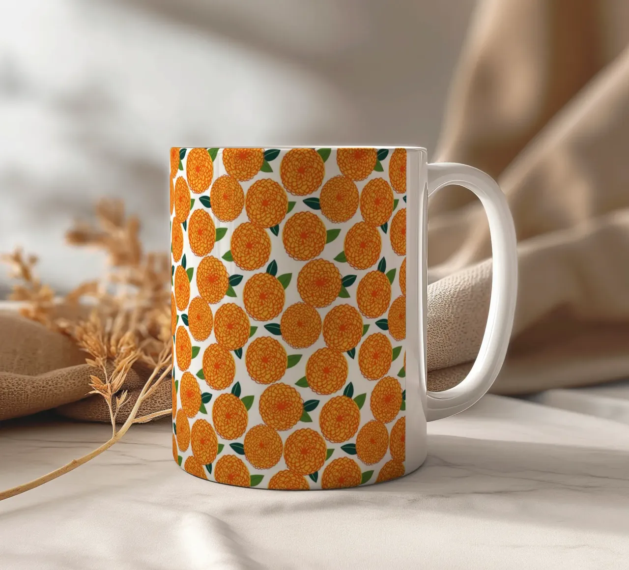 Retro dahlia flower pattern, 70s inspired ceramic mug by ms.Hey! textildesign