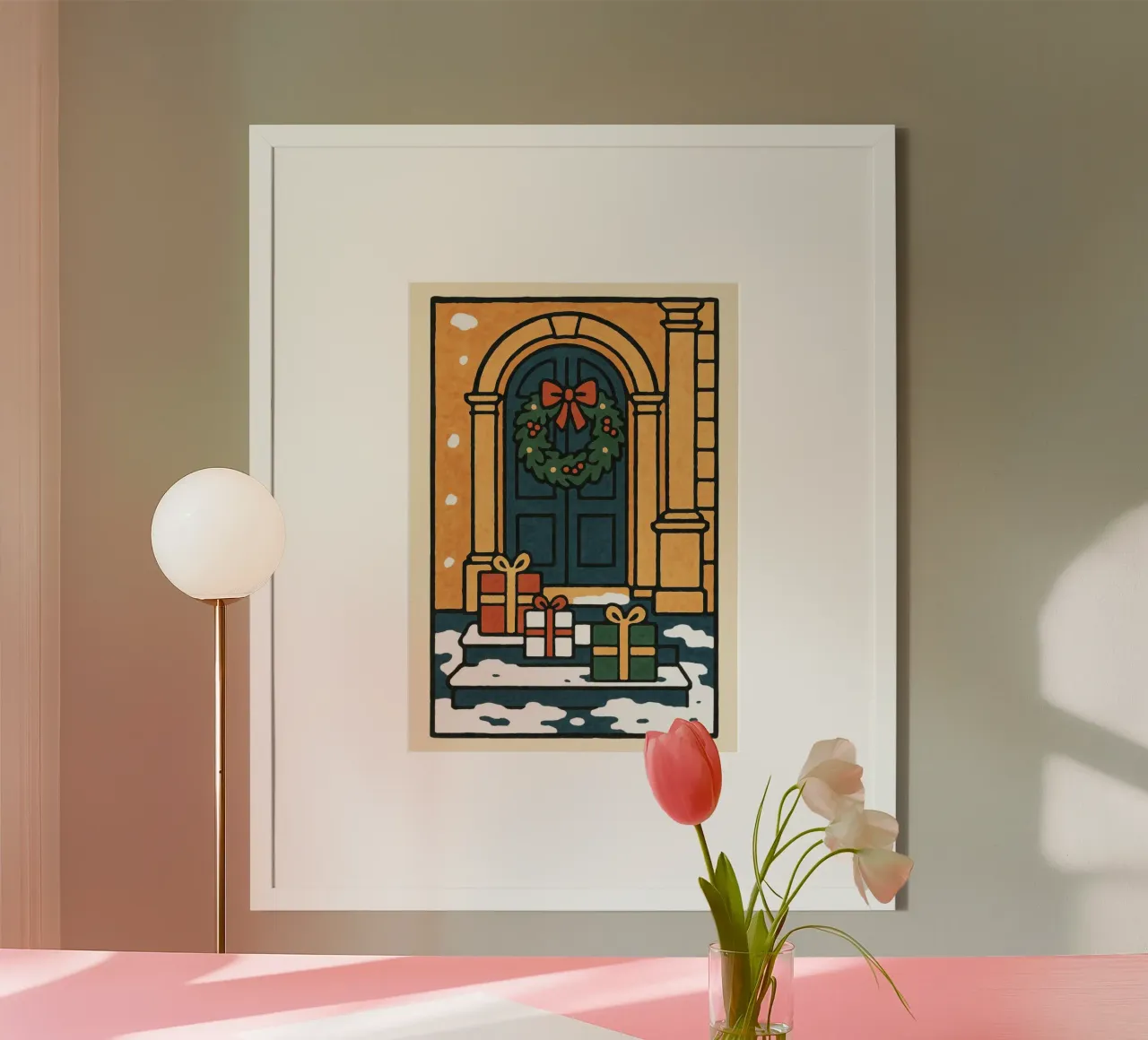 Illustrazione di una porta di Natale e di regali di Natale retrò e di una ghirlanda poster da postaprinta
