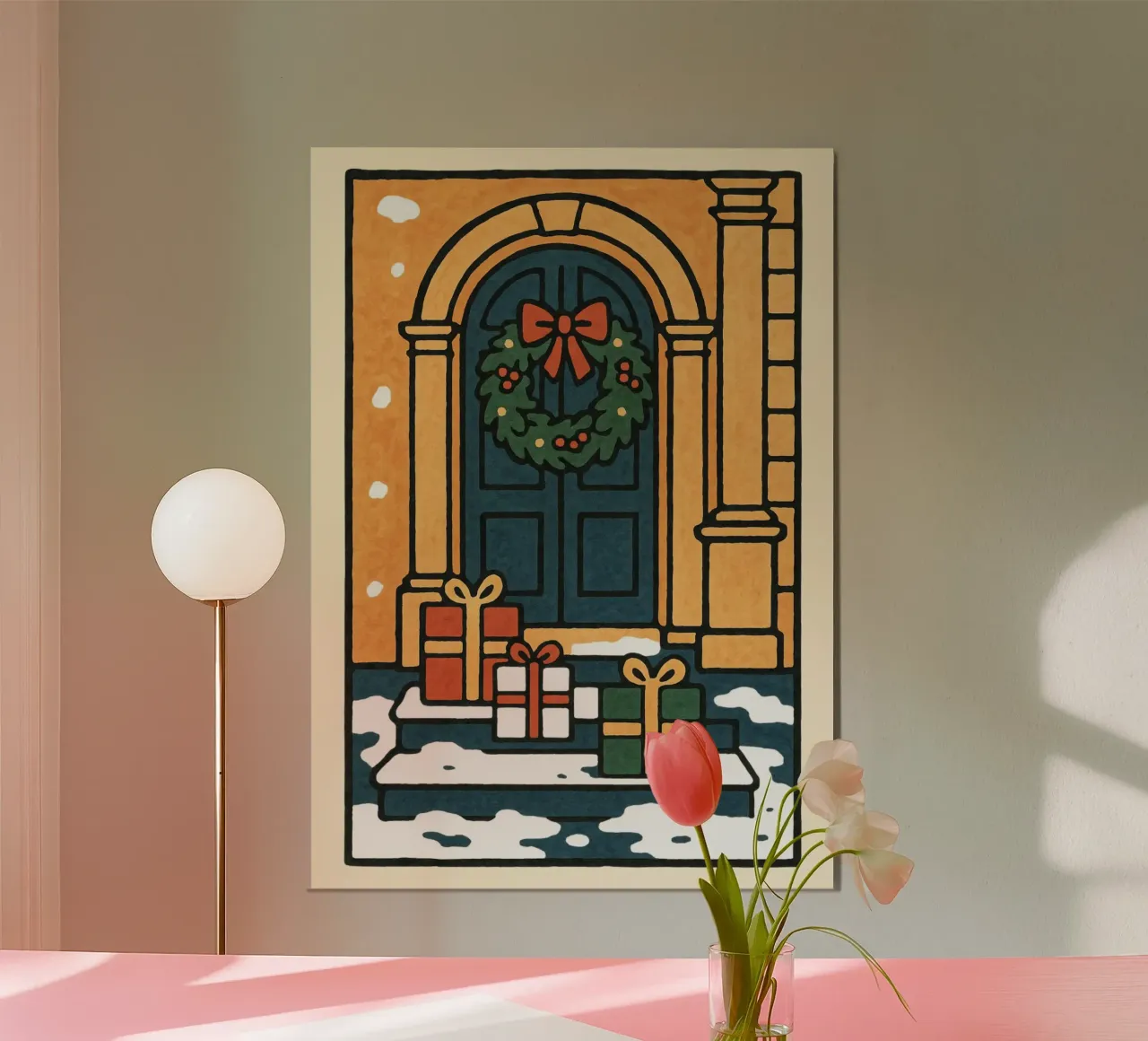 Illustrazione di una porta di Natale e di regali di Natale retrò e di una ghirlanda poster da postaprinta