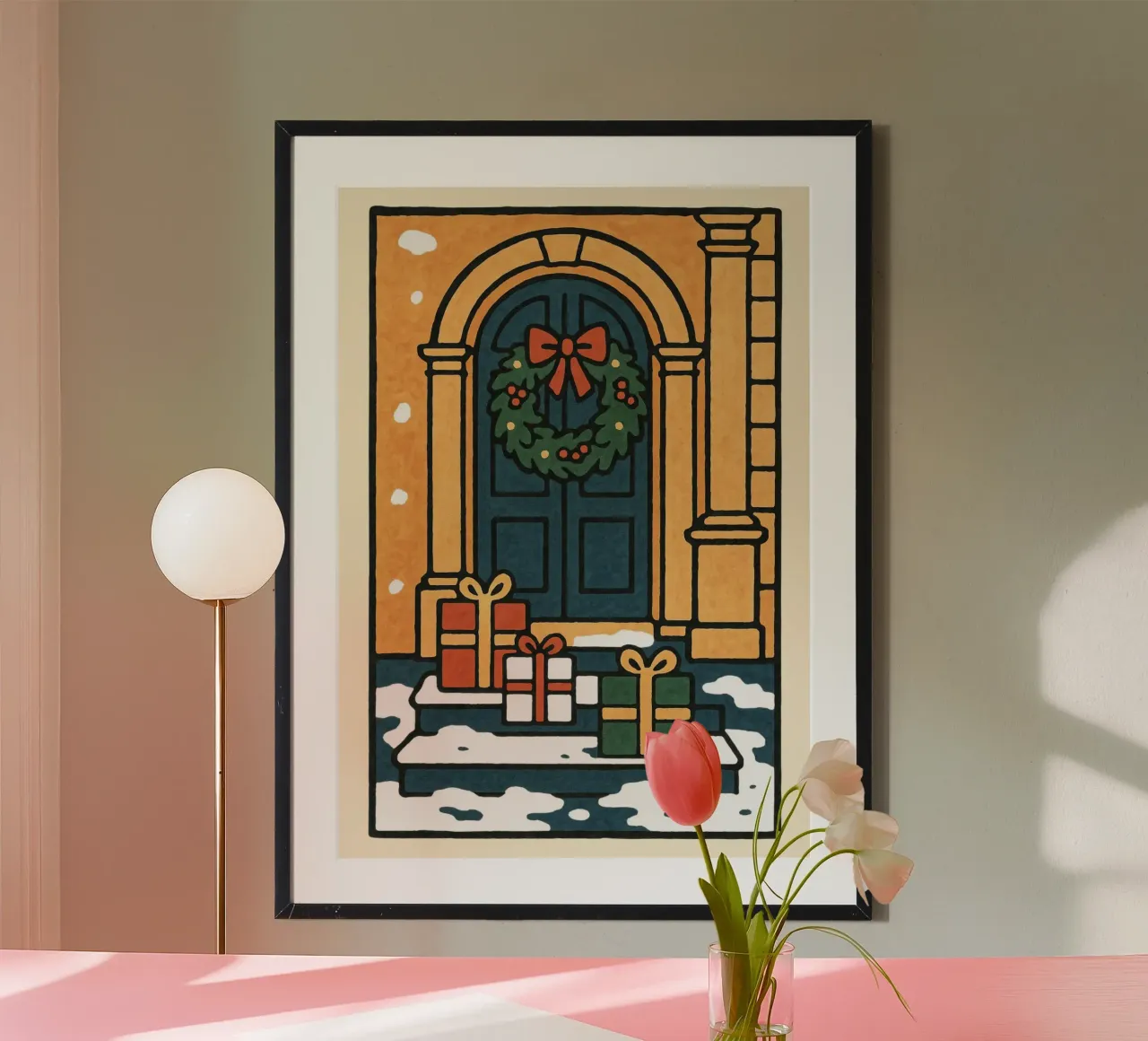 Illustrazione di una porta di Natale e di regali di Natale retrò e di una ghirlanda poster da postaprinta