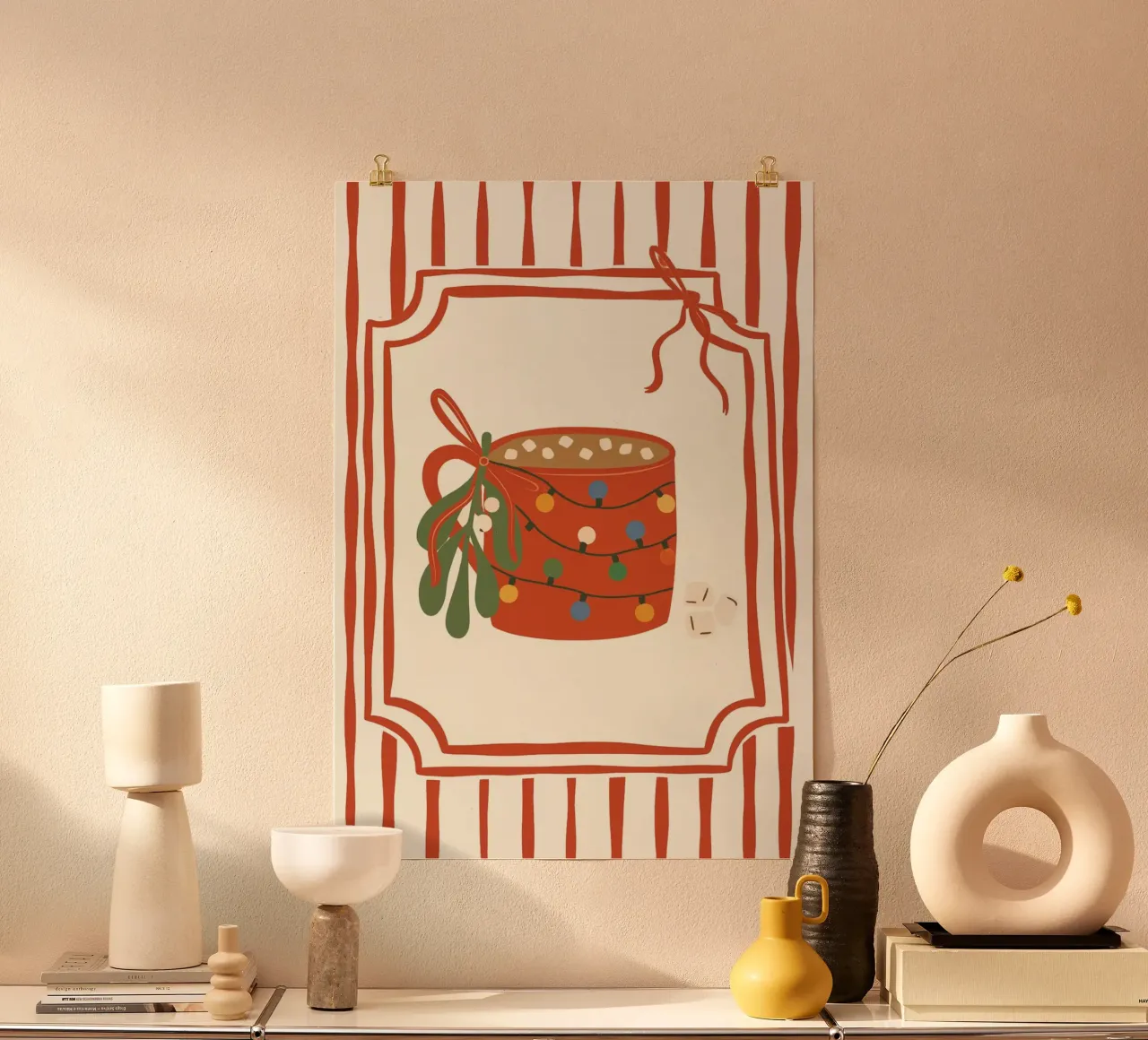 Hot Cocoa Mok met Lichtjes & Maretak Retro Kunst hahnemühle van postaprinta