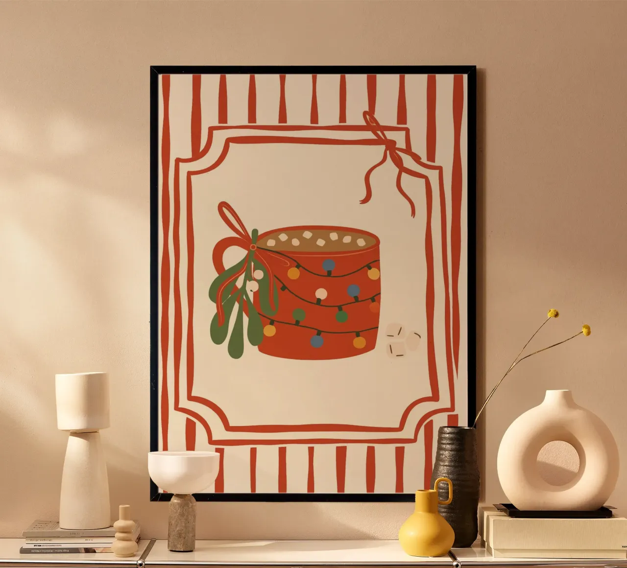 Hot Cocoa Mok met Lichtjes & Maretak Retro Kunst hahnemühle van postaprinta