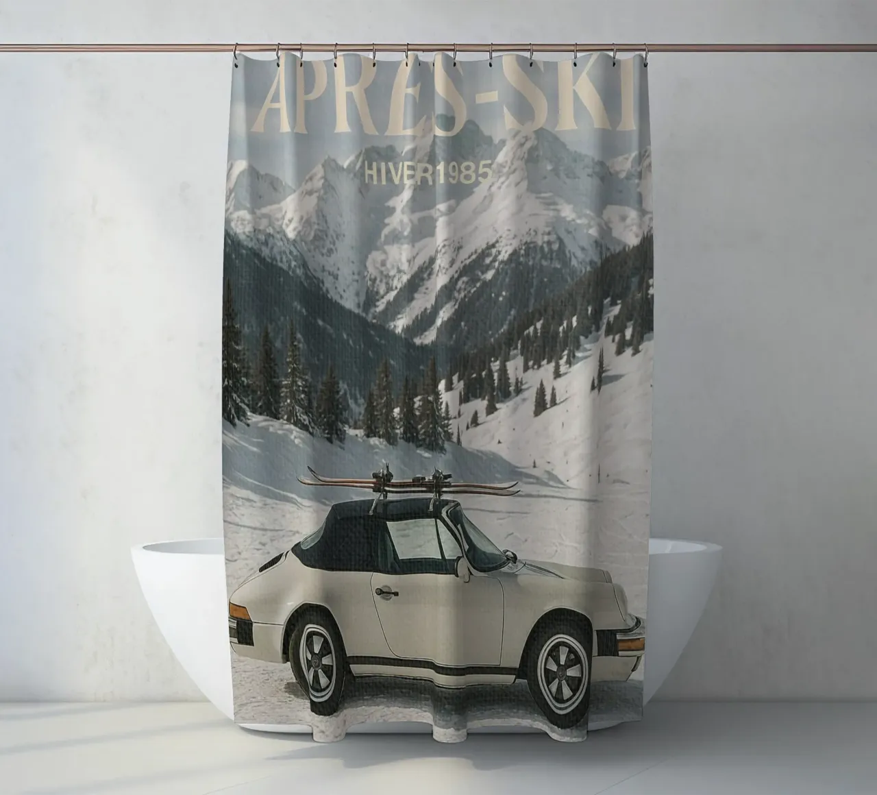Oldtimer Après-Ski-Alpengebirge Oldtimer Duschvorhang von Dagmar Pels