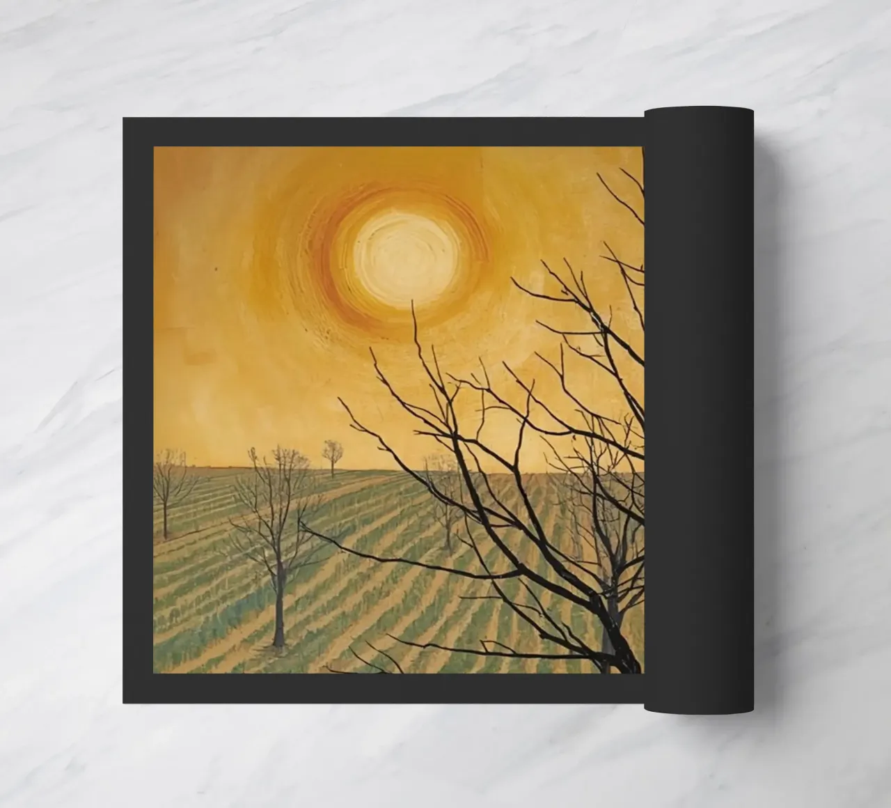 Albero spoglio in campo coltivato sotto un cielo dorato zerbino da DesignDoodle