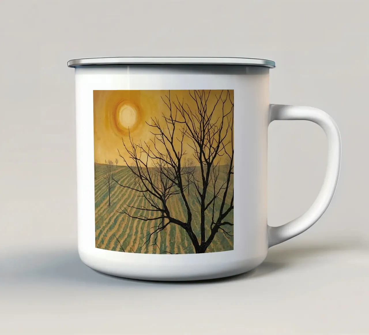 Albero spoglio in campo coltivato sotto un cielo dorato tazza in smalto da DesignDoodle