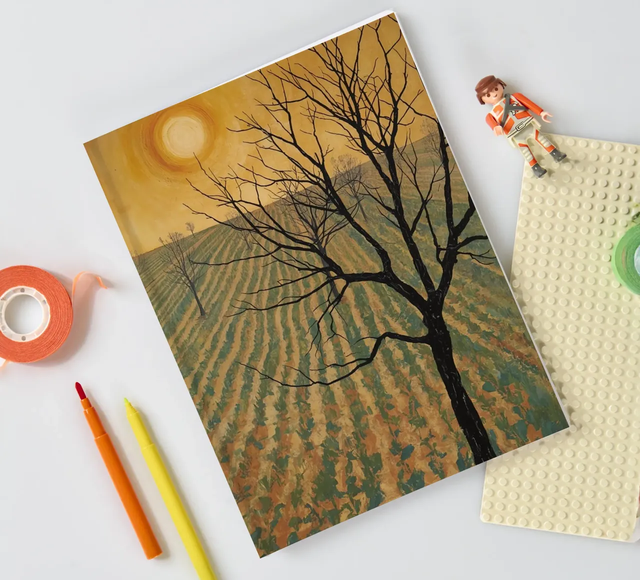 Bare Tree in Cultivated Field Under Golden Sky notebook by DesignDoodle