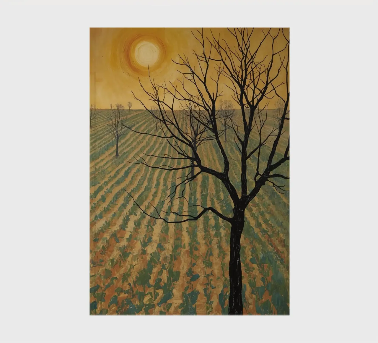 Bare Tree in Cultivated Field Under Golden Sky notebook by DesignDoodle