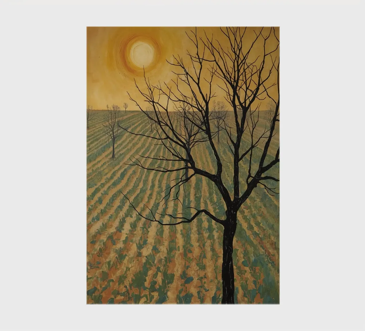 Bare Tree in Cultivated Field Under Golden Sky notebook by DesignDoodle