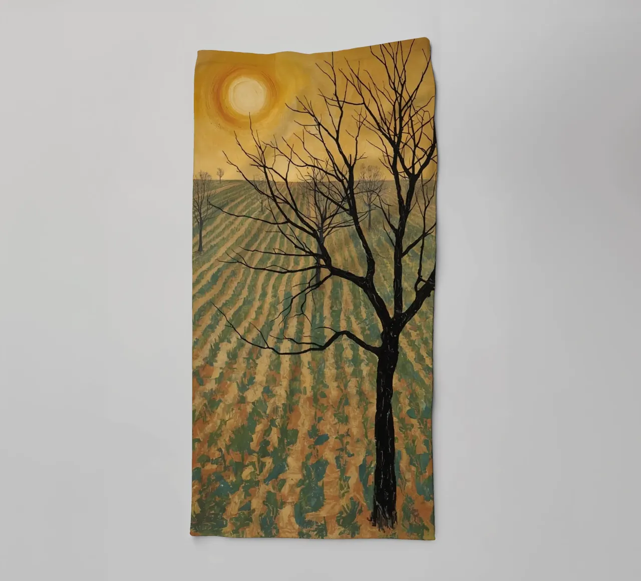 Bare Tree in Cultivated Field Under Golden Sky towel by DesignDoodle