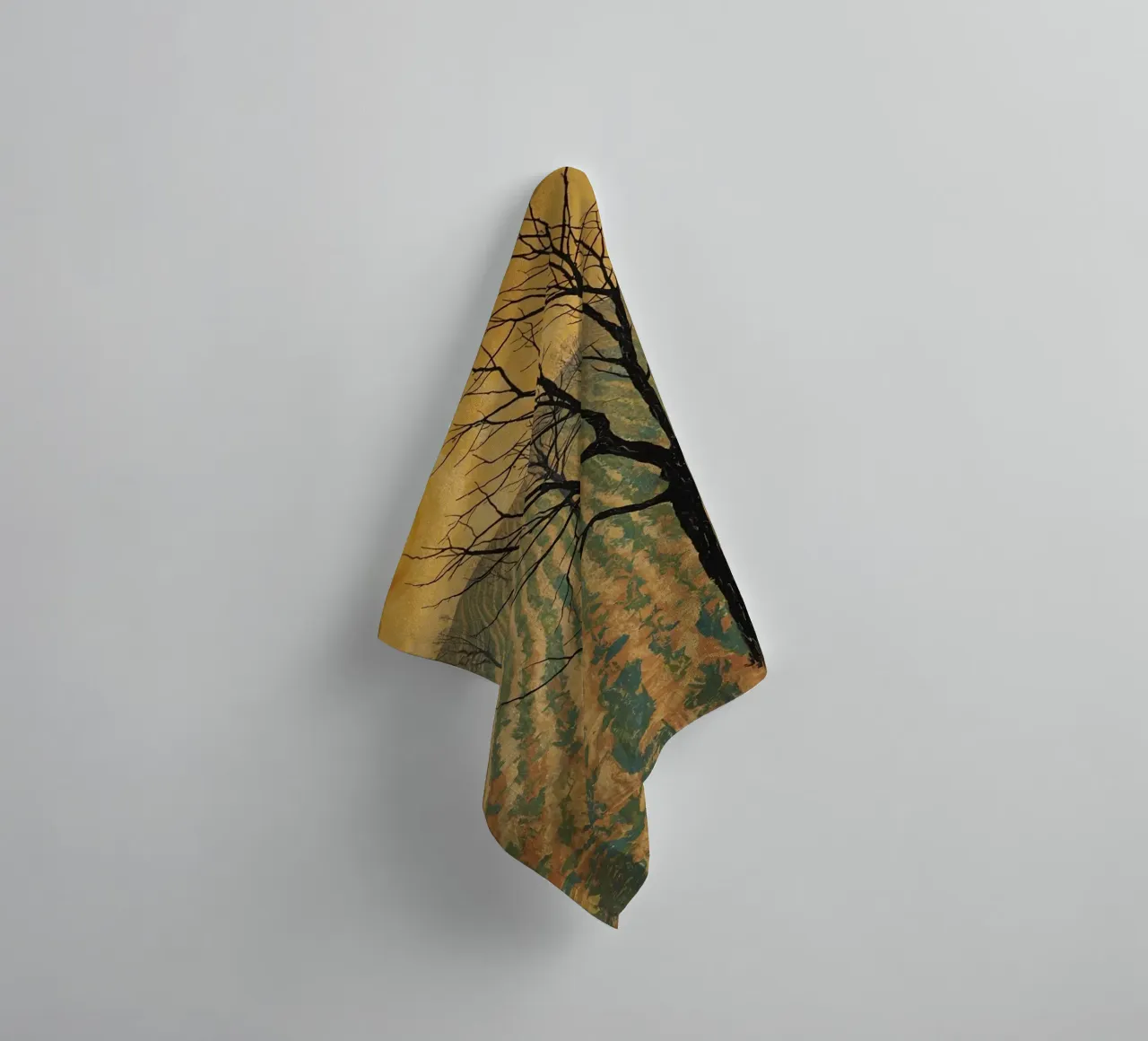 Bare Tree in Cultivated Field Under Golden Sky towel by DesignDoodle