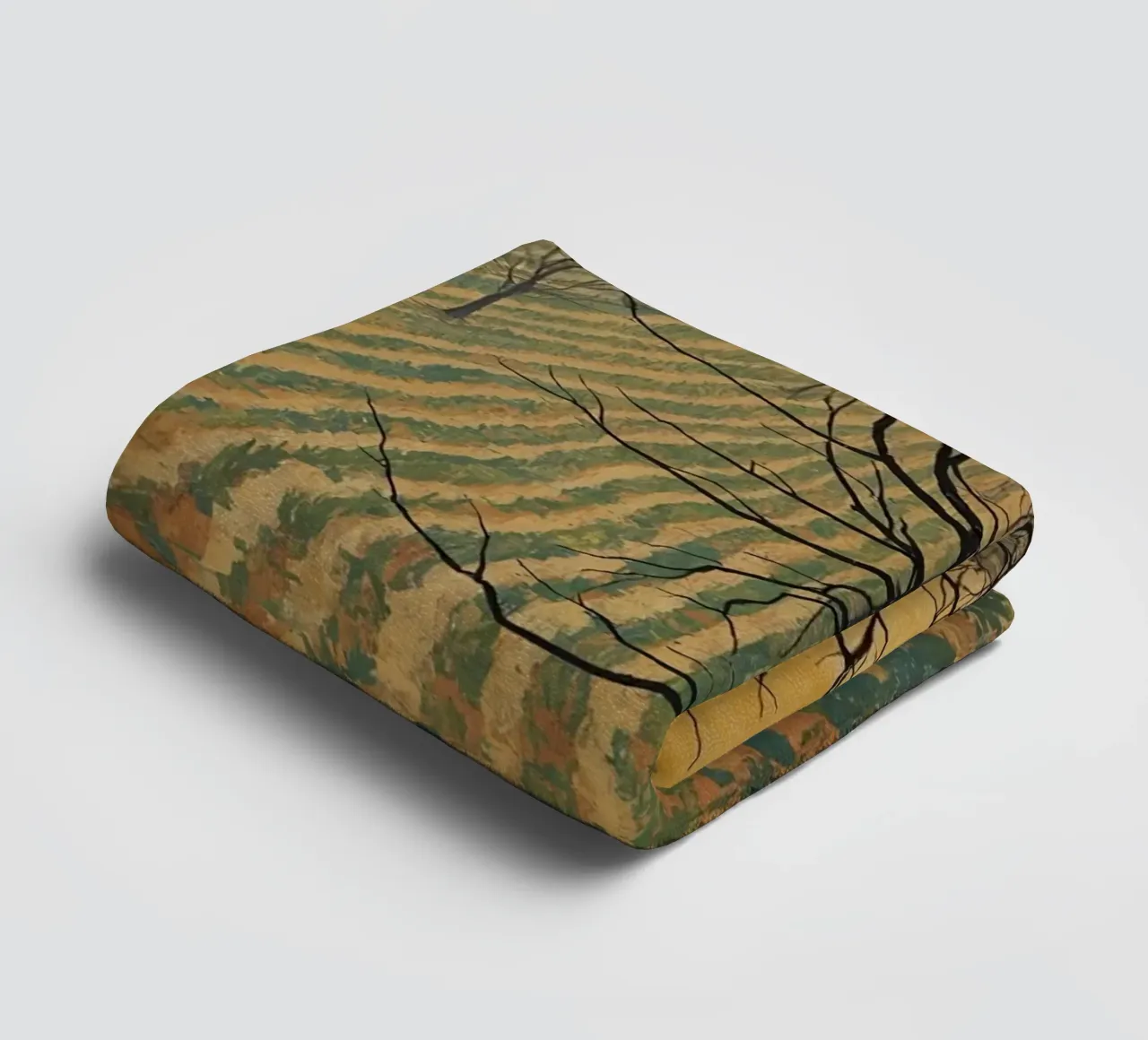 Bare Tree in Cultivated Field Under Golden Sky towel by DesignDoodle