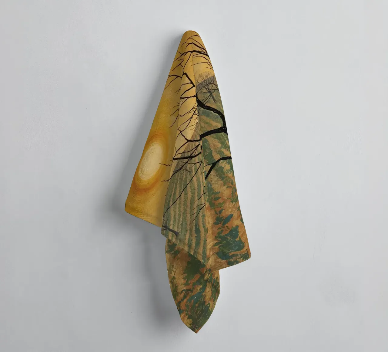 Bare Tree in Cultivated Field Under Golden Sky towel by DesignDoodle