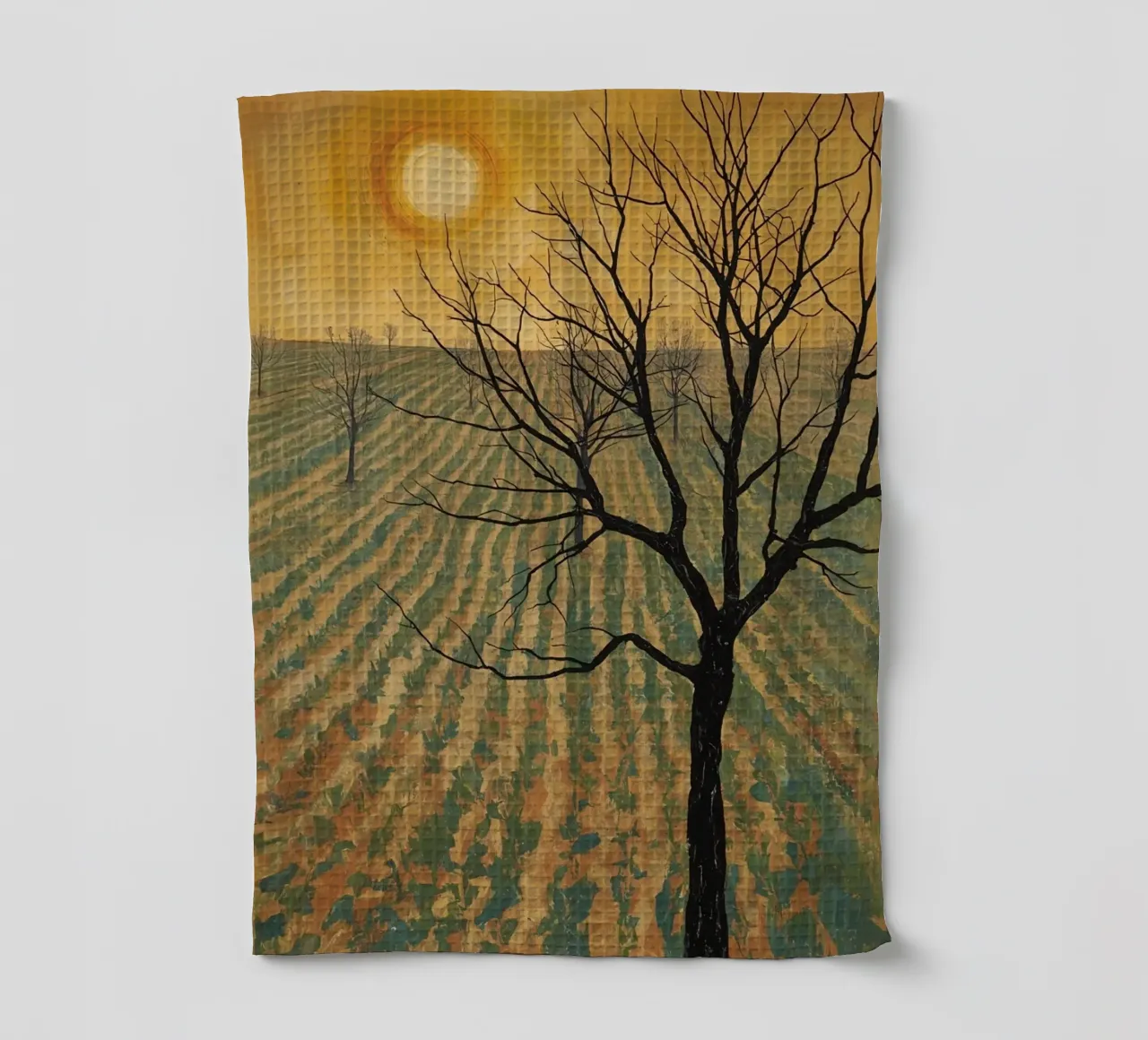 Albero spoglio in campo coltivato sotto un cielo dorato canovaccio da cucina da DesignDoodle