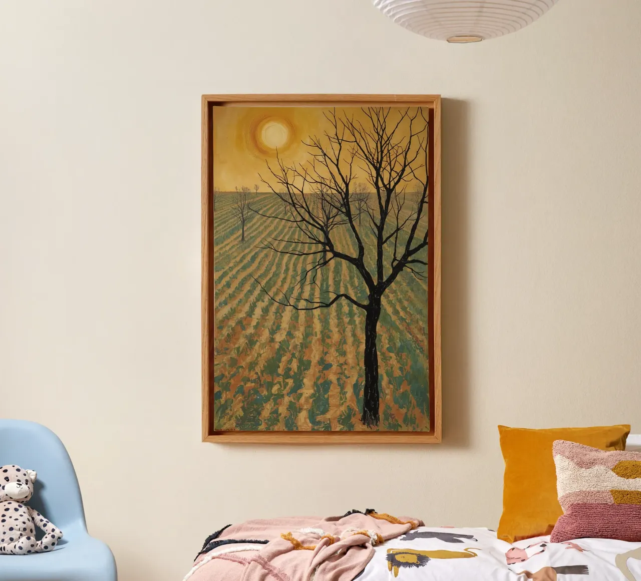 Bare Tree in Cultivated Field Under Golden Sky canvas by DesignDoodle