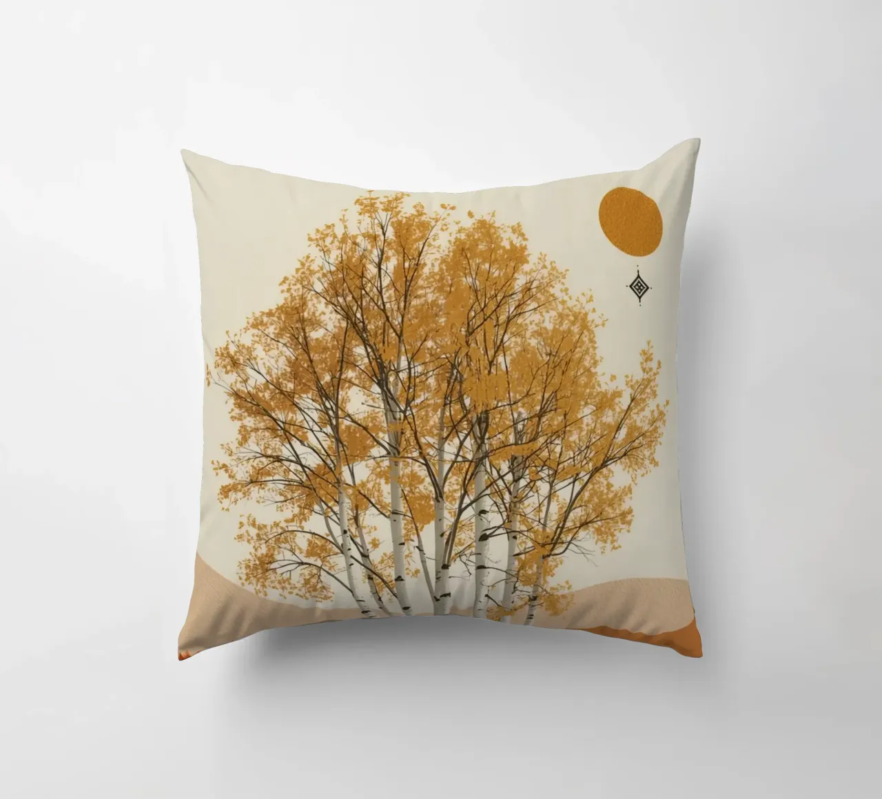 Betulle in un paesaggio autunnale con il sole cuscino da DesignDoodle